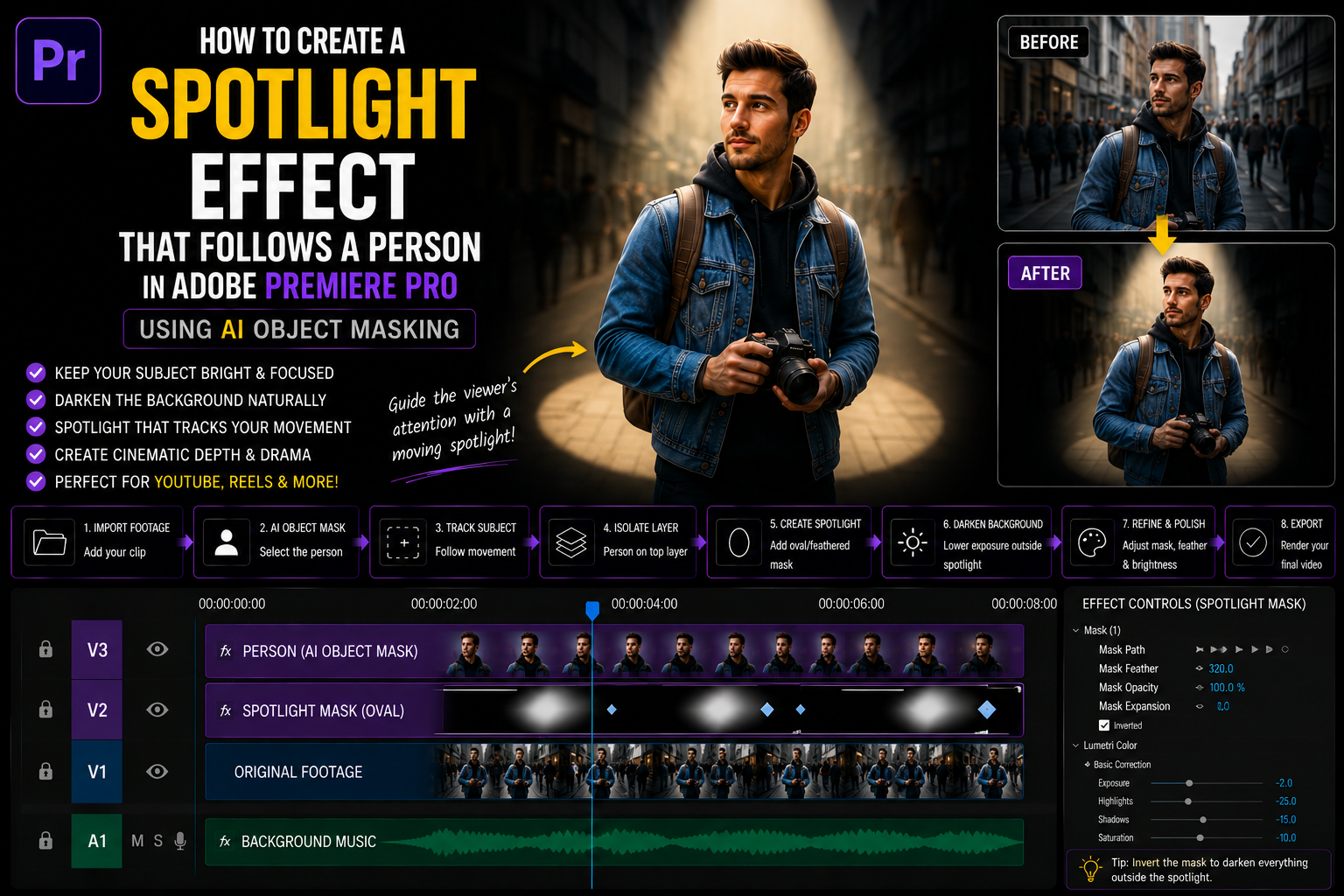 How to Create a Spotlight Effect That Follows a Person in Adobe Premiere Pro Using AI Object Masking